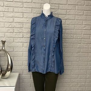Elan Ruffle Button Down Denim Shirt Size M NWT